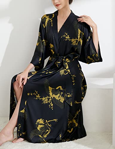 Aensso Long Soft Lightweight Silky Kimonos Robes for Women, Luxury Japanese Floral Womens Kimono Robe (Premium Black) - Image 4