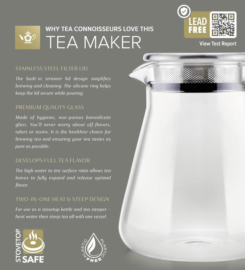 Teabloom One-Touch Tea Maker, 2-in-1 Teapot and Kettle with Stainless Steel Filter Lid for Loose Tea – Stain-free Borosilicate Glass Teapot (40 Oz) – Tea Connoisseur's Choice - Image 3