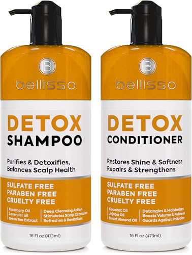BELLISSO Detox Shampoo and Conditioner Set Ideal for Oily Hair Men and Women Remove Product Buildup Sulfate and Paraben Free with Scalp Clarifying and Detoxifying Properties With Rosemary Oil - Image 1