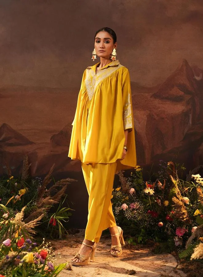 ISHIN Women's Yellow Viscose Silk Embellished Tunic Top With Ankle Palazzo Flared 2 Peice Kurta Set