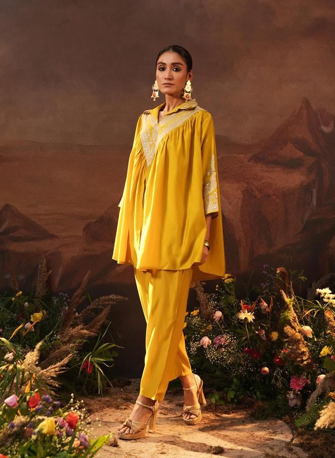 ISHIN Women's Yellow Viscose Silk Embellished Tunic Top With Ankle Palazzo Flared 2 Peice Kurta Set - Image 3