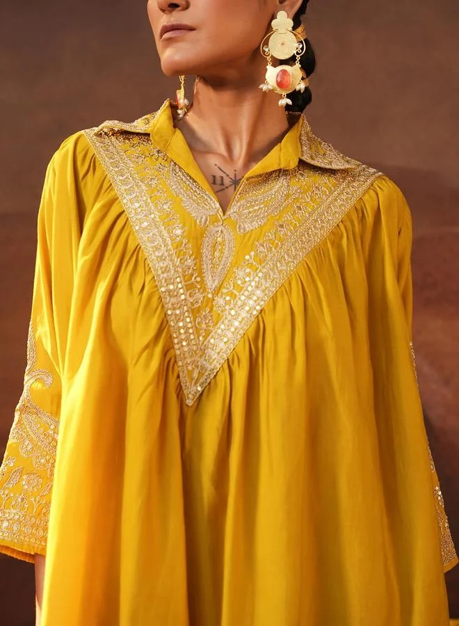ISHIN Women's Yellow Viscose Silk Embellished Tunic Top With Ankle Palazzo Flared 2 Peice Kurta Set
