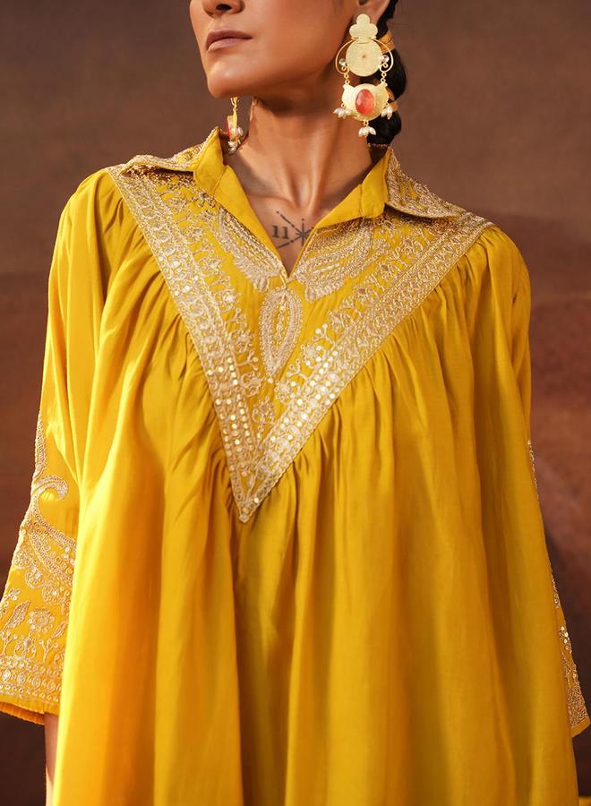 ISHIN Women's Yellow Viscose Silk Embellished Tunic Top With Ankle Palazzo Flared 2 Peice Kurta Set - Image 5