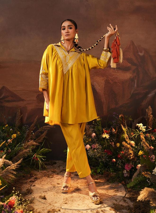 ISHIN Women's Yellow Viscose Silk Embellished Tunic Top With Ankle Palazzo Flared 2 Peice Kurta Set - Image 1