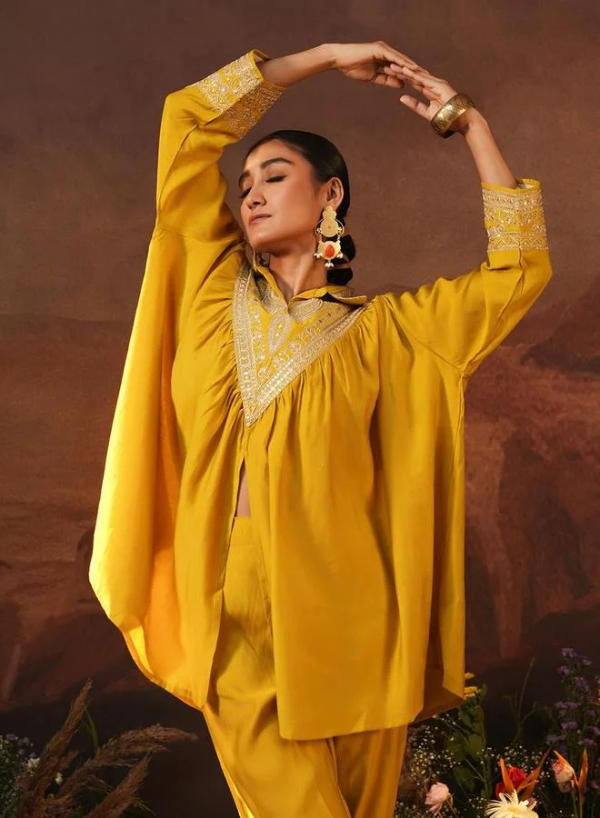 ISHIN Women's Yellow Viscose Silk Embellished Tunic Top With Ankle Palazzo Flared 2 Peice Kurta Set