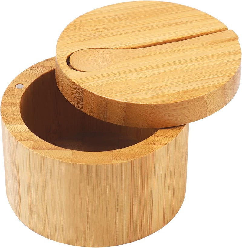 HTB Bamboo Salt Cellar with Mini Spoon, Kitchen Salt Box with Swivel Magnetic Closure Lid, Round Salt Container to Storage Pepper Spice Bath Salt Sea Salt - Image 1