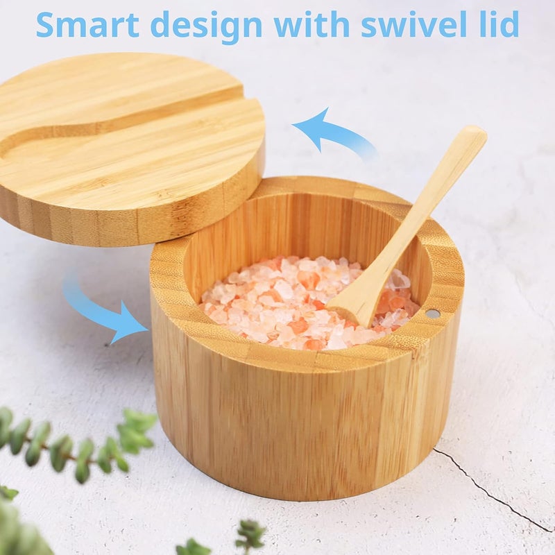 HTB Bamboo Salt Cellar with Mini Spoon, Kitchen Salt Box with Swivel Magnetic Closure Lid, Round Salt Container to Storage Pepper Spice Bath Salt Sea Salt - Image 4