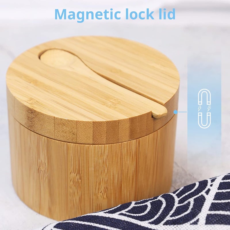 HTB Bamboo Salt Cellar with Mini Spoon, Kitchen Salt Box with Swivel Magnetic Closure Lid, Round Salt Container to Storage Pepper Spice Bath Salt Sea Salt - Image 5