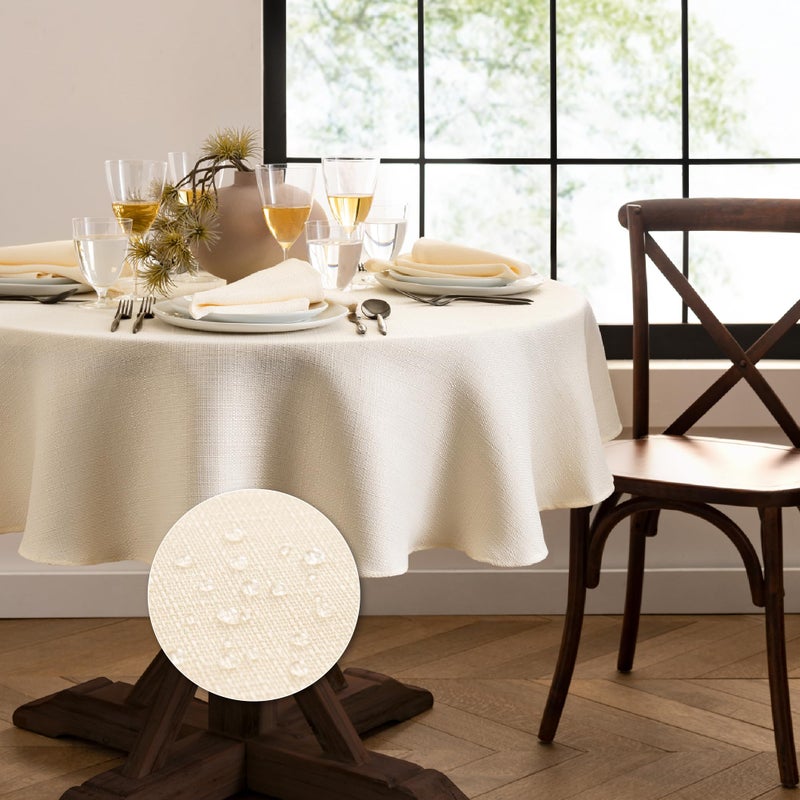 Elrene Home Fashions Laurel Solid Texture Water and Stain Resistant Tablecloth, 90" Round, Ivory - Image 1