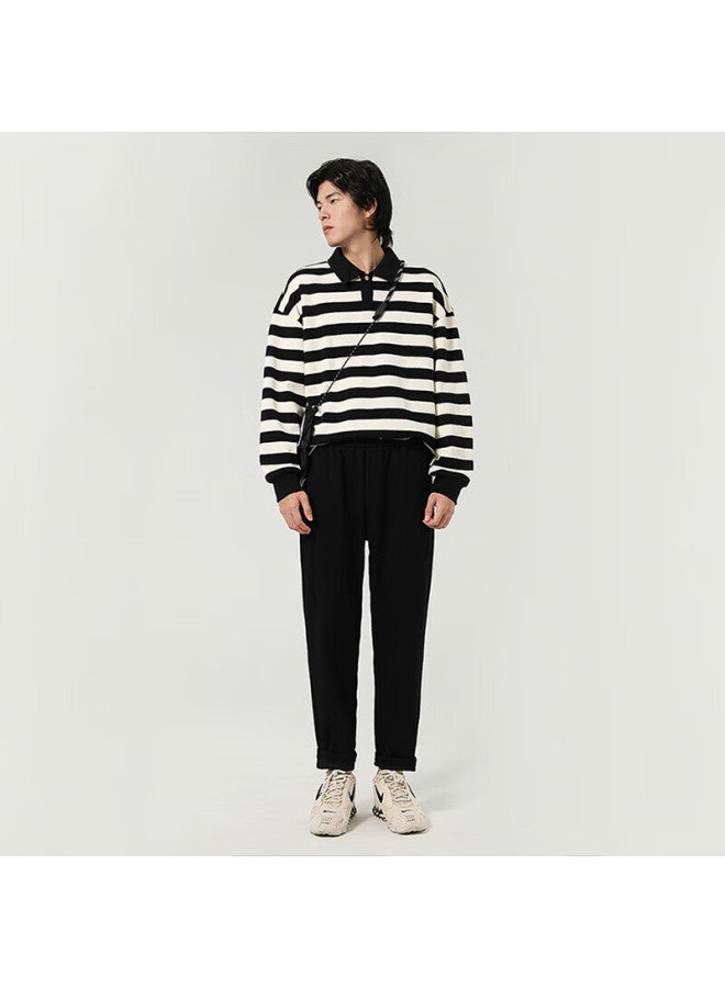 Markless Classic Striped Polo Collar Sweatshirt Men College Style Loose Casual Jacket 3401 Black Apricot Stripe 2XL - Image 2