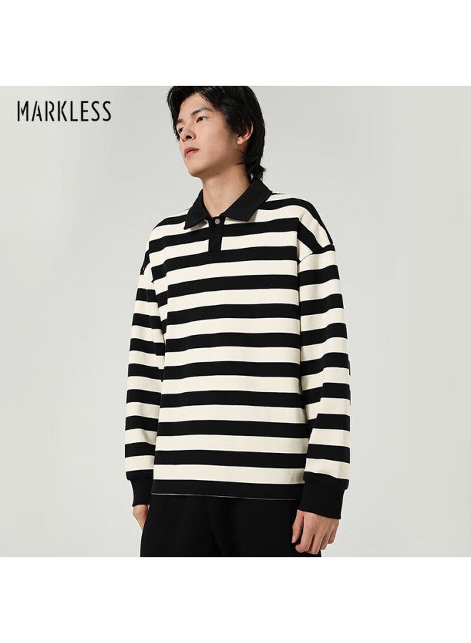 Markless Classic Striped Polo Collar Sweatshirt Men College Style Loose Casual Jacket 3401 Black Apricot Stripe 2XL - Image 1