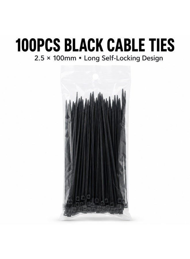 100PCS Black Nylon Cable Ties 2.5 × 100mm, Extra Long Heavy-Duty Self-Locking Zip Ties for Cable Management, Home, Workshop, Garden and Installation Use - Image 1