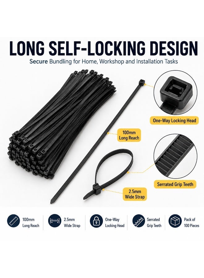100PCS Black Nylon Cable Ties 2.5 × 100mm, Extra Long Heavy-Duty Self-Locking Zip Ties for Cable Management, Home, Workshop, Garden and Installation Use - Image 2