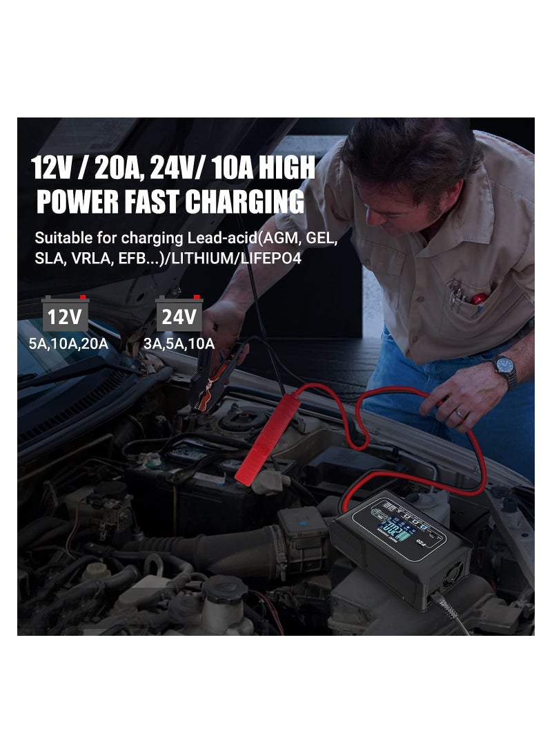 20A Smart Battery Charger for Lithium, LiFePO4, and Lead-Acid (AGM/Gel/SLA) Batteries - 12V/20A  24V/10A Trickle Charger and Maintainer for Boats, Motorcycles, and Lawn Mowers. - Image 5