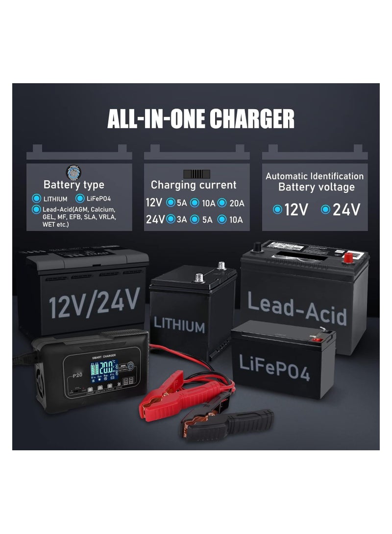 20A Smart Battery Charger for Lithium, LiFePO4, and Lead-Acid (AGM/Gel/SLA) Batteries - 12V/20A  24V/10A Trickle Charger and Maintainer for Boats, Motorcycles, and Lawn Mowers. - Image 2