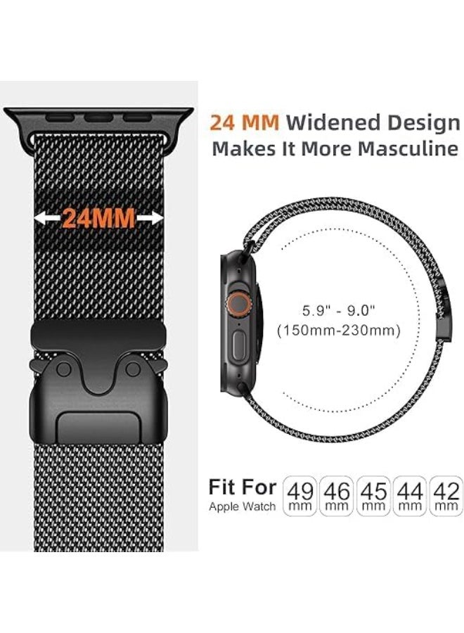 Watch Milanese Loop Band Compatible with Apple Watch Ultra 2 Band 49mm 46mm 45mm 44mm, Stainless Steel Milanese Loop Adjustable Strap for iWatch Ultra Series 10 9 8 7 SE 6 5 4 Black - Image 3