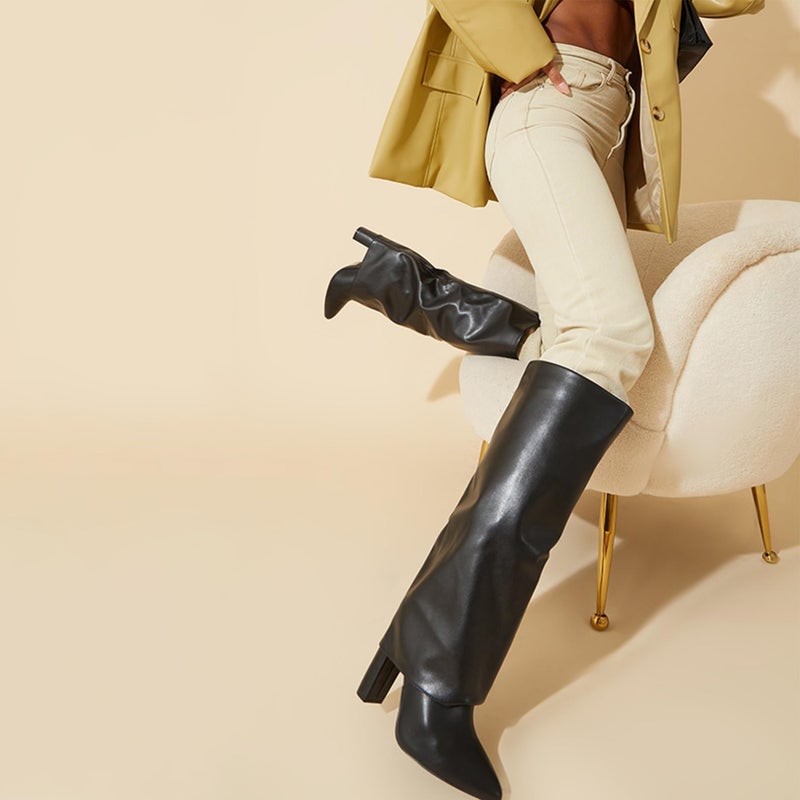 Modatope Black Fold Over Knee High Pointed Chunky Heeled Tall Long Boots for Women Size 7.5 - Image 5