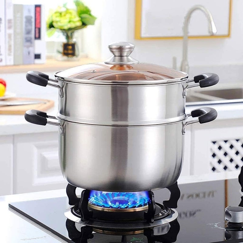 DOYKLI Stainless Steel 2 Tier Steamer Steamer Basket Vegetable Steamer Steamer Pot Basket for Cooking MomoModakidlidhoklaRice Cooker Maker with Glass Lid Riveted Handles - Image 1