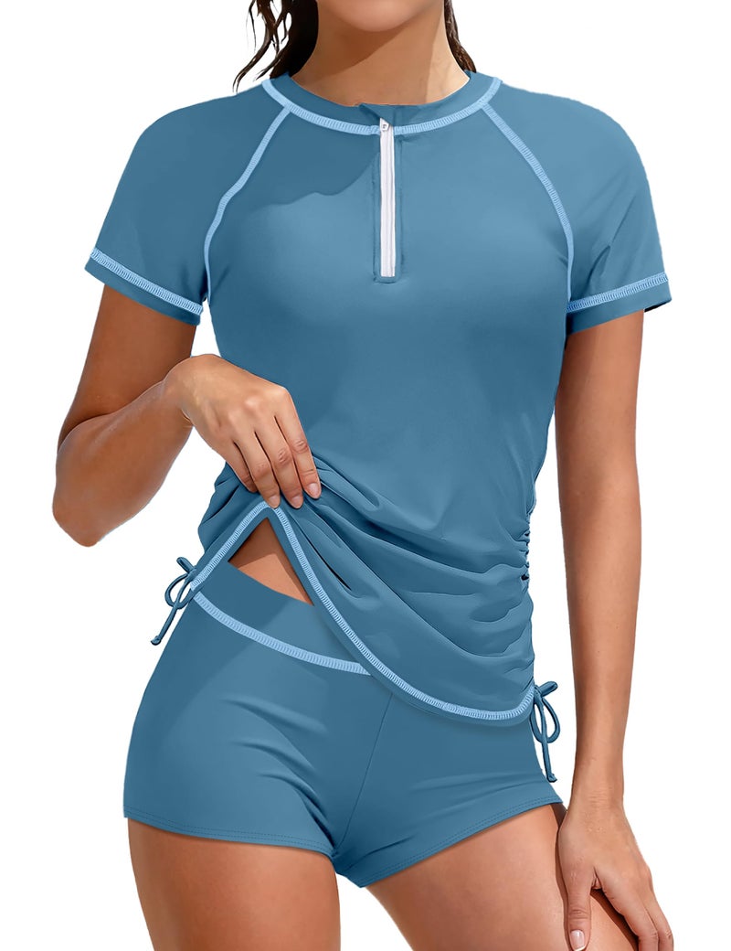TyeSmo Girls Swimsuits Rash Guard Swimsuit 2 Piece Teen Swimsuits for Girls 12-14 Short Sleeve Solid Color Teen Bathing Suits for Girl 12-14 UPF 50+ Sun Protection Padded Zip Swimwear with Shorts - Image 1