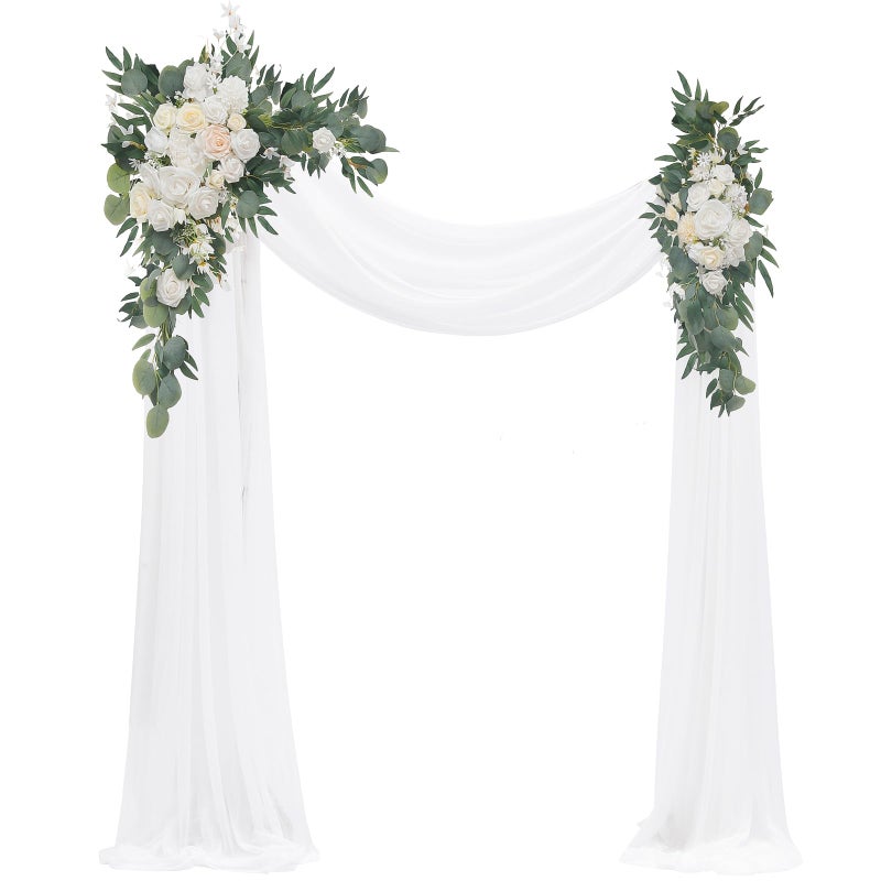 Floroom Arch Flowers with Drapes Kit Pack of 4  2pcs Artificial Ivory  White Floral Swag Arrangement with 2pcs Draping Fabric for Wedding Ceremony Arbor and Reception Backdrop Decoration