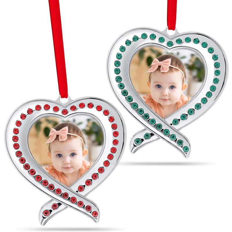 Klikel Christmas Photo Ornament  Silver Heart Photo Frame  2 Pc Picture Ornament for Tree  Red and Green Frame with Gift Box