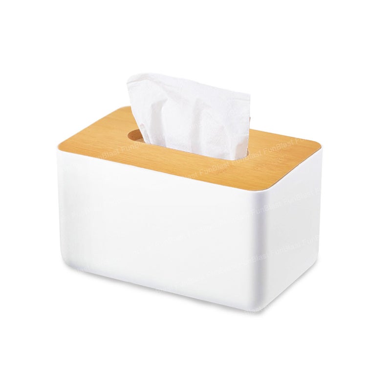 FunBlast Tissue Box Holder - Bamboo Cover Plastic Tissue Box Holder, Tissue Paper Holder Box, Napkin Holder for Table, Tissue Holder Dispenser Organizer for Home, Office, Car (17 X 13 X 9.5 Cm) - Image 1