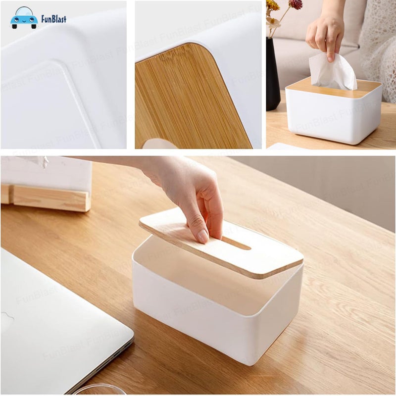 FunBlast Tissue Box Holder - Bamboo Cover Plastic Tissue Box Holder, Tissue Paper Holder Box, Napkin Holder for Table, Tissue Holder Dispenser Organizer for Home, Office, Car (17 X 13 X 9.5 Cm) - Image 5