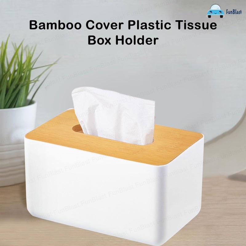 FunBlast Tissue Box Holder - Bamboo Cover Plastic Tissue Box Holder, Tissue Paper Holder Box, Napkin Holder for Table, Tissue Holder Dispenser Organizer for Home, Office, Car (17 X 13 X 9.5 Cm) - Image 4