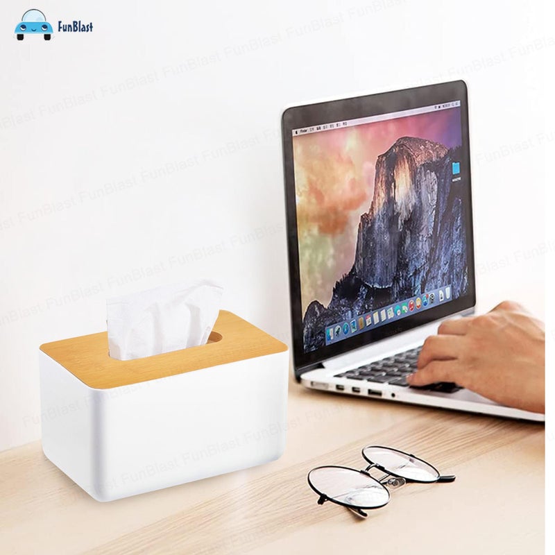 FunBlast Tissue Box Holder - Bamboo Cover Plastic Tissue Box Holder, Tissue Paper Holder Box, Napkin Holder for Table, Tissue Holder Dispenser Organizer for Home, Office, Car (17 X 13 X 9.5 Cm) - Image 3