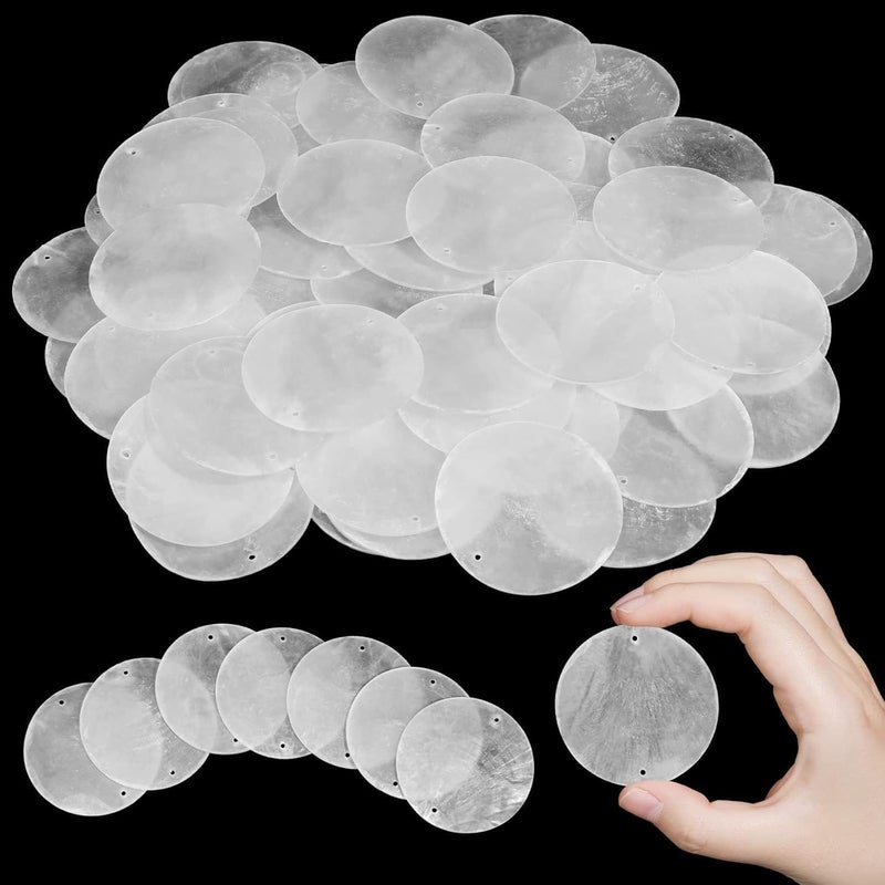 SWIUKPHE Round Natural Shells Sea Shells, 100 Pcs 2 Inch Oyster Shells, for Crafting with 2 Holes Sea Shell Discs, for Wind Chimes Door Curtain, Hanging Pendant, Ornaments, Wedding Home Decor DIY Crafts - Image 1
