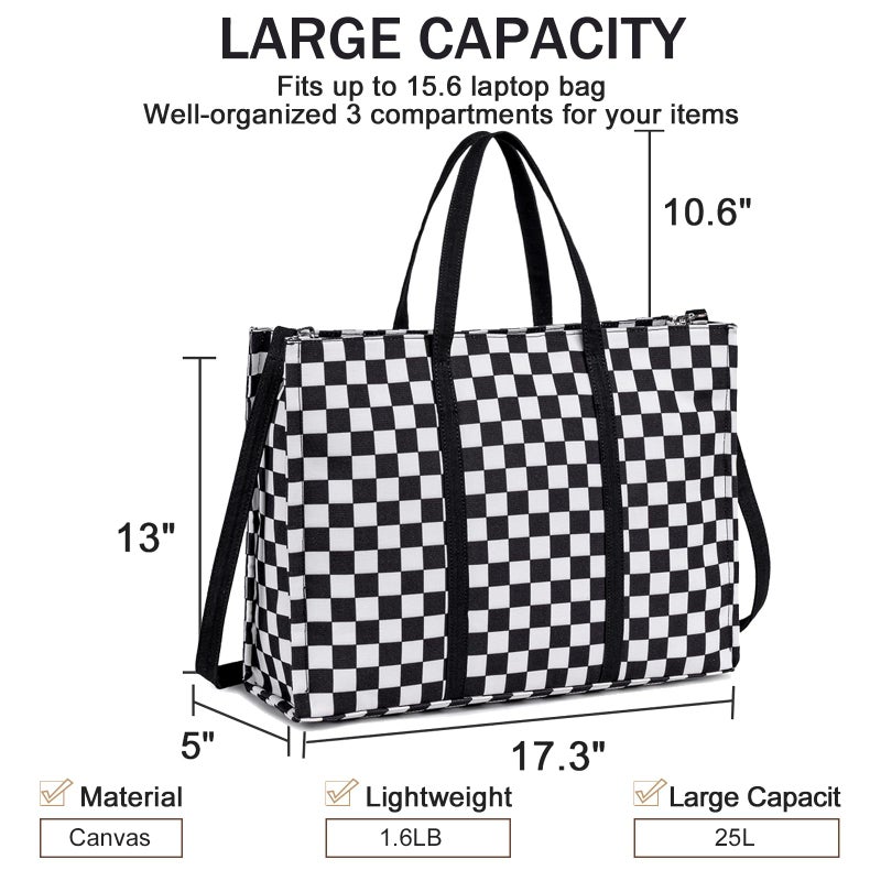 BTOOP Laptop Tote Bag for Women Work 15.6 inch Canvas Shoulder Bags Computer Messenger Purse Teacher Handbag Office Briefcase (Black-White Checkered) - Image 4
