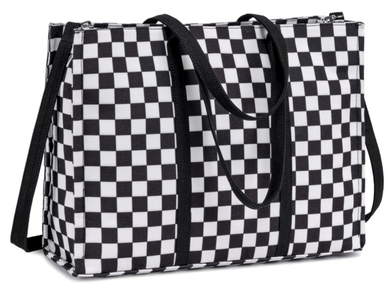 BTOOP Laptop Tote Bag for Women Work 15.6 inch Canvas Shoulder Bags Computer Messenger Purse Teacher Handbag Office Briefcase (Black-White Checkered) - Image 1