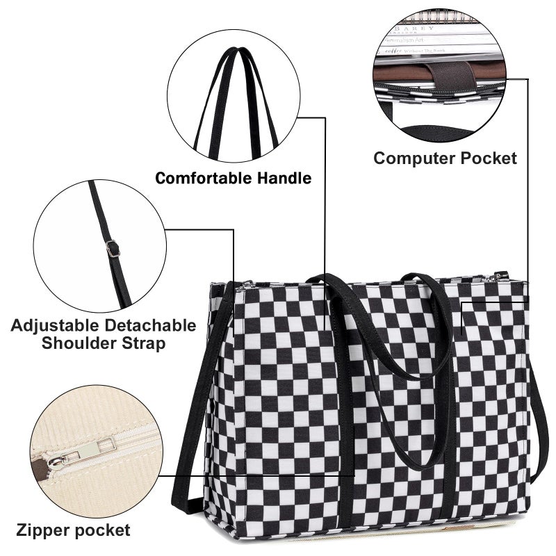 BTOOP Laptop Tote Bag for Women Work 15.6 inch Canvas Shoulder Bags Computer Messenger Purse Teacher Handbag Office Briefcase (Black-White Checkered) - Image 5