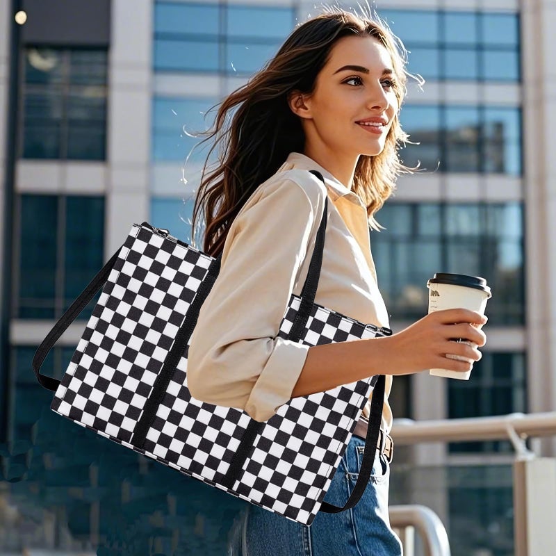 BTOOP Laptop Tote Bag for Women Work 15.6 inch Canvas Shoulder Bags Computer Messenger Purse Teacher Handbag Office Briefcase (Black-White Checkered) - Image 2