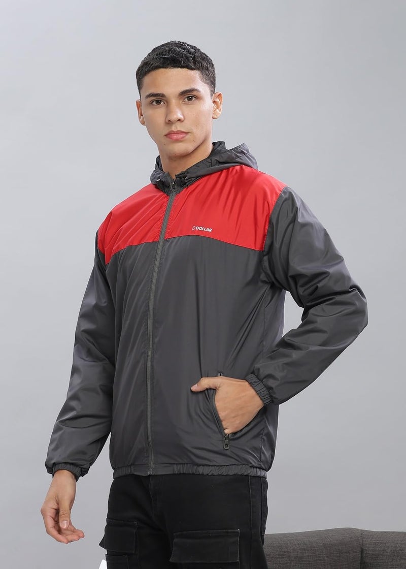 Dollar Men's Polyester Colourblock Windcheater Jacket With Zipper Pockets and Hood, Red-Grey-Medium - Image 2