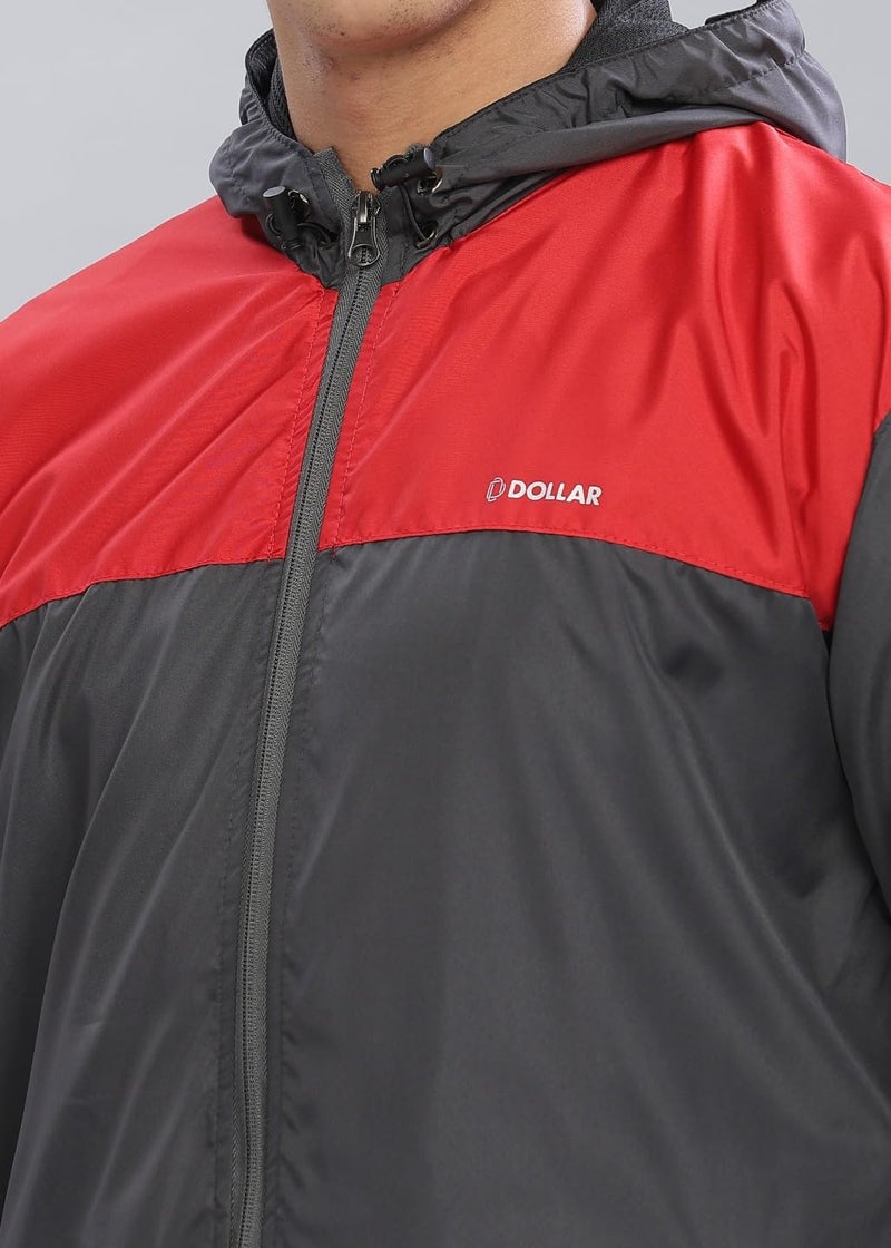 Dollar Men's Polyester Colourblock Windcheater Jacket With Zipper Pockets and Hood, Red-Grey-Medium - Image 4