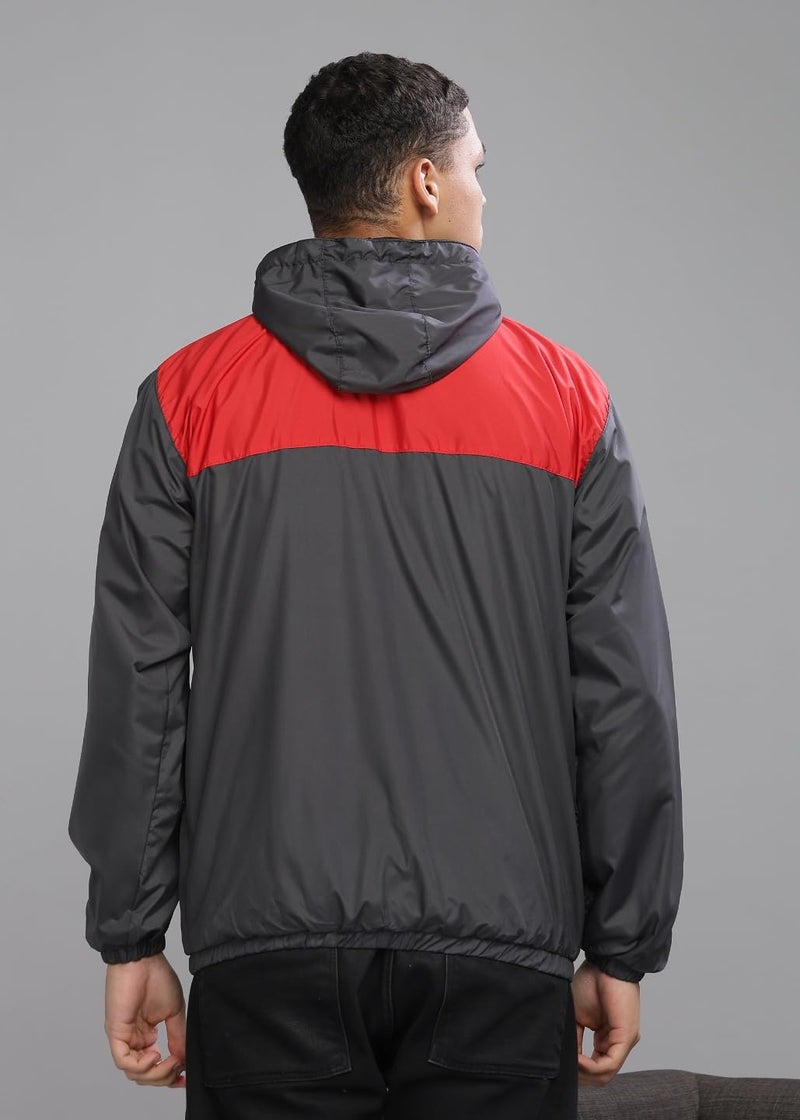 Dollar Men's Polyester Colourblock Windcheater Jacket With Zipper Pockets and Hood, Red-Grey-Medium - Image 3