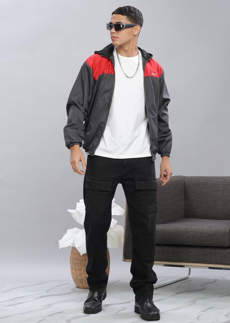 Dollar Men's Polyester Colourblock Windcheater Jacket With Zipper Pockets and Hood, Red-Grey-Medium - Image 5