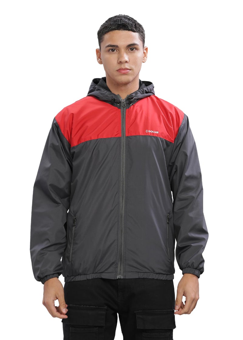 Dollar Men's Polyester Colourblock Windcheater Jacket With Zipper Pockets and Hood, Red-Grey-Medium - Image 1
