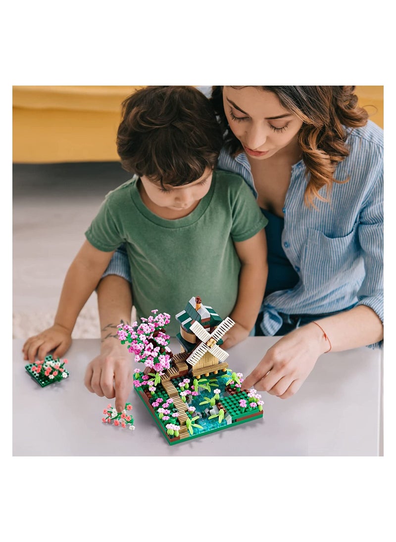 Architecture River Windmill Sakura Tree Plants Set Building Bricks Toy Trees Flowers for Girls, a Creative DIY Cherry Blossom Micro Block Model Kit Gift Kids and Adults (600 pcs with 2 Figure)  - Image 3
