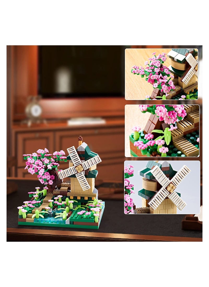 Architecture River Windmill Sakura Tree Plants Set Building Bricks Toy Trees Flowers for Girls, a Creative DIY Cherry Blossom Micro Block Model Kit Gift Kids and Adults (600 pcs with 2 Figure)  - Image 2