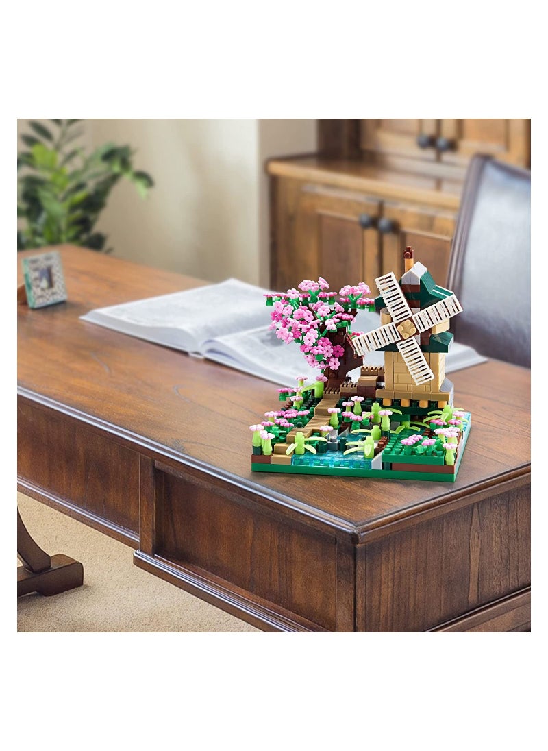 Architecture River Windmill Sakura Tree Plants Set Building Bricks Toy Trees Flowers for Girls, a Creative DIY Cherry Blossom Micro Block Model Kit Gift Kids and Adults (600 pcs with 2 Figure)  - Image 5