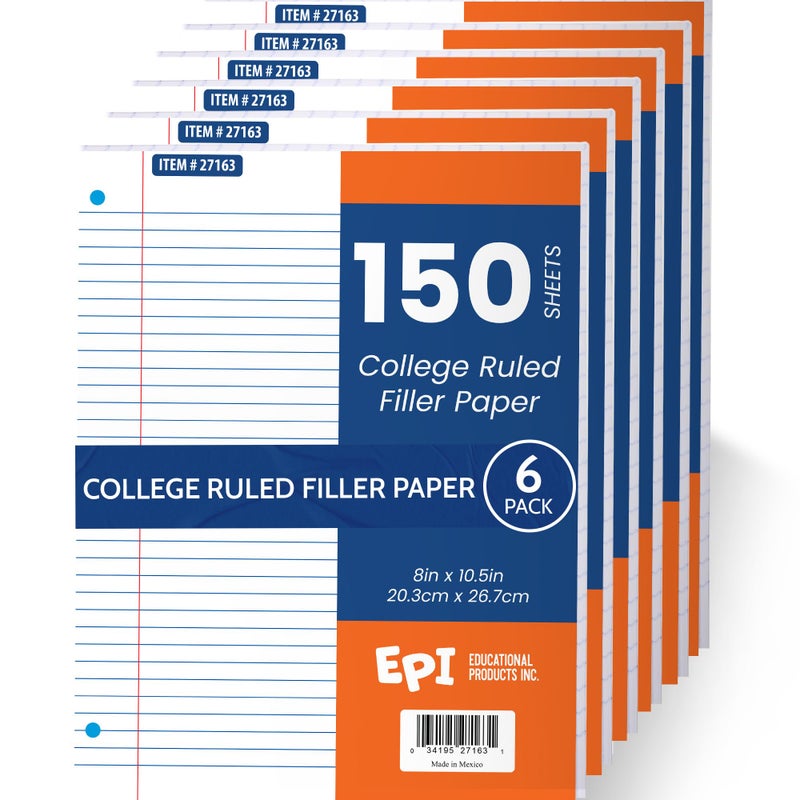 EPI Filler Paper | College Ruled | Loose Leaf, 3-Hole Punched, 10.5 x 8 in, 150 Sheets | School, Office, Notes, Binder Refill - 6 Pack - Image 1