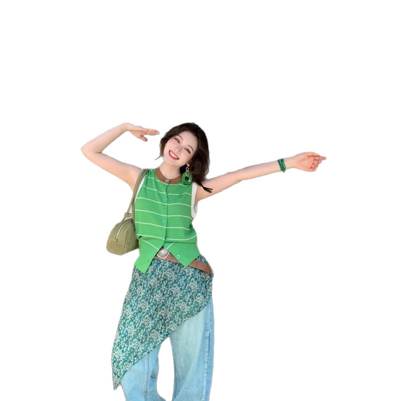 Korean Style Green Irregular Midi Skirt with Sheer Floral Trim - Image 5