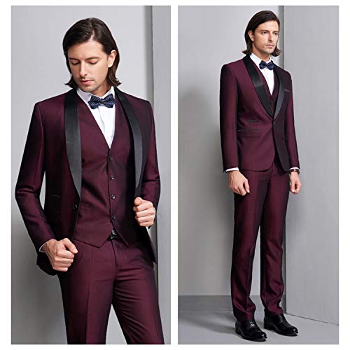 MYS MY'S Mens 3 Piece Tuxedo Set with Bow Tie, Shawl Lapel One Button Jacket Vest & Pants, Slim Fit Suit Prom Party Wedding Tux, Burgundy - Image 2