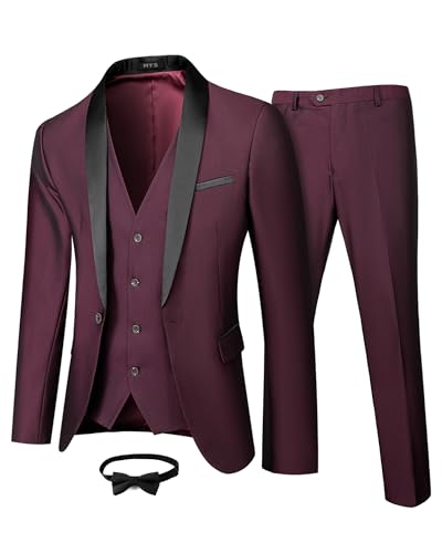 MYS MY'S Mens 3 Piece Tuxedo Set with Bow Tie, Shawl Lapel One Button Jacket Vest & Pants, Slim Fit Suit Prom Party Wedding Tux, Burgundy - Image 1