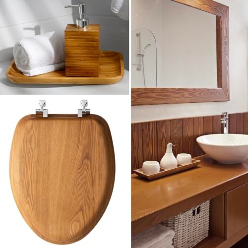 Mayfair Natural Oak Veneer Toilet Seat with Chrome Hinges, Round, Wood - Image 4