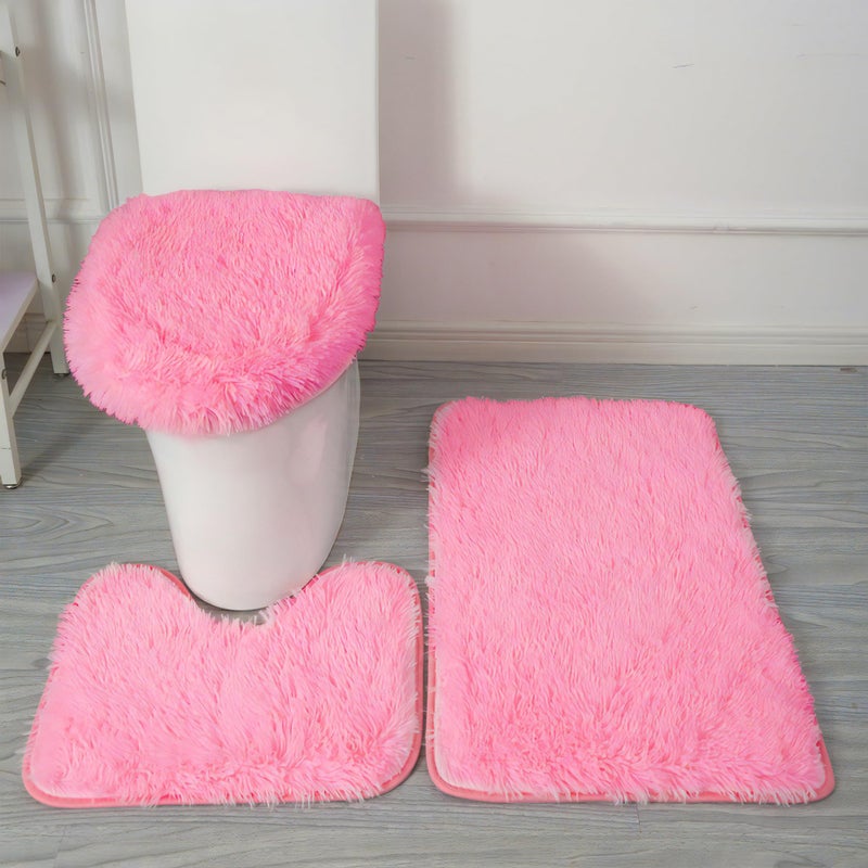 Eanpet Pink Bathroom Rugs Sets 3Piece Bath Mat Solid Bath Rug Floor Mats Washable Shower Rug with U-Shaped Contour Rug Toilet Lid Cover - Image 1