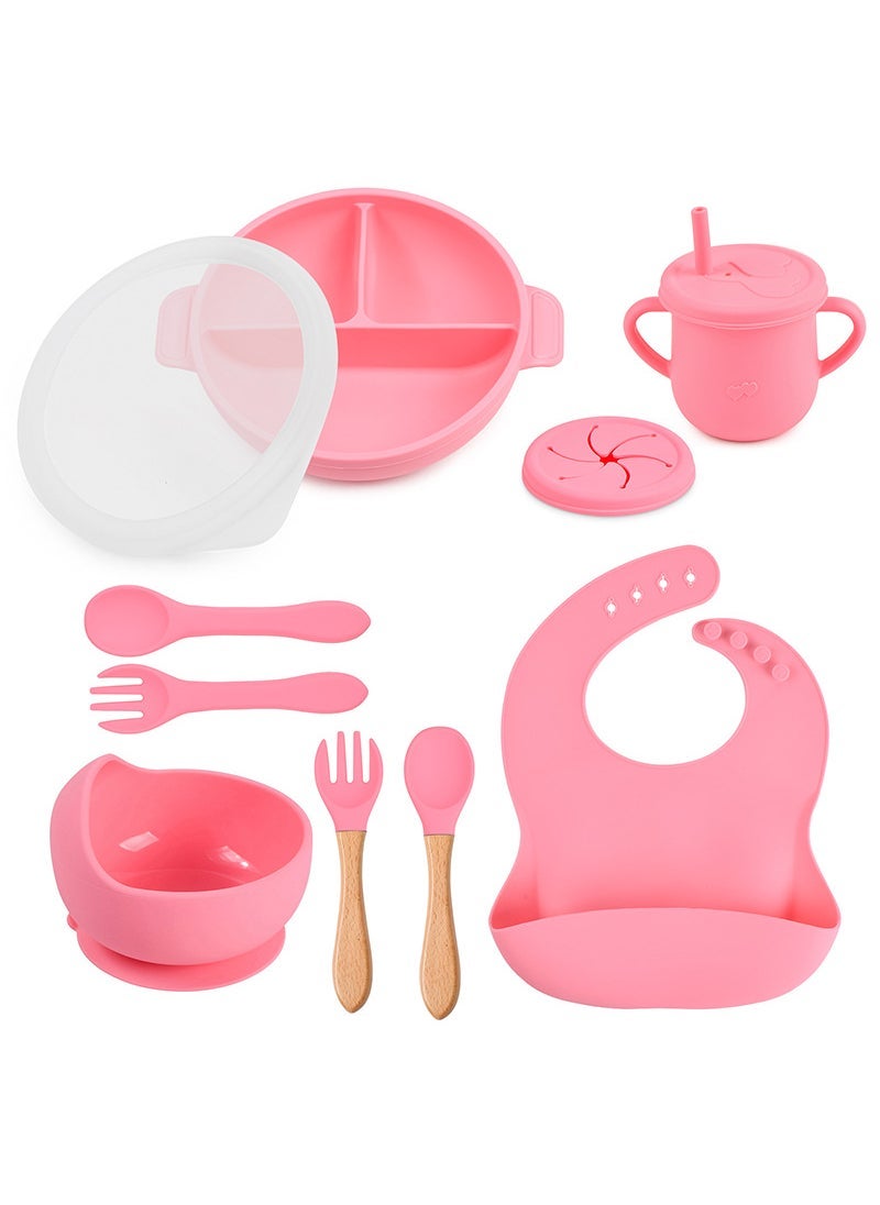 In Stock Childrens Dinner Plate Split Plate Baby Suction Type Silicone Bowl Set Childrens Food Supplemented Silicone Suction Bowl Y14 round partition bowl + lid + silicone bowl + saliva pocket + Love Cup + snack cup lid + wooden handle spoon Fork + silicone spoon Fork