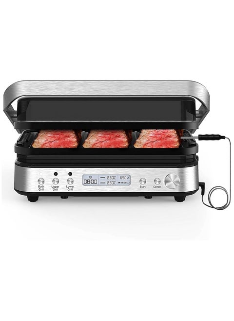 5 in 1 Indoor Grill, Electric Contact Grill and Griddle, Panini Press Grill Sandwich Maker with Meat Thermometer, LCD Display, Stainless Steel, Healthy Ceramic Nonstick, PFAS-Free, 2000W